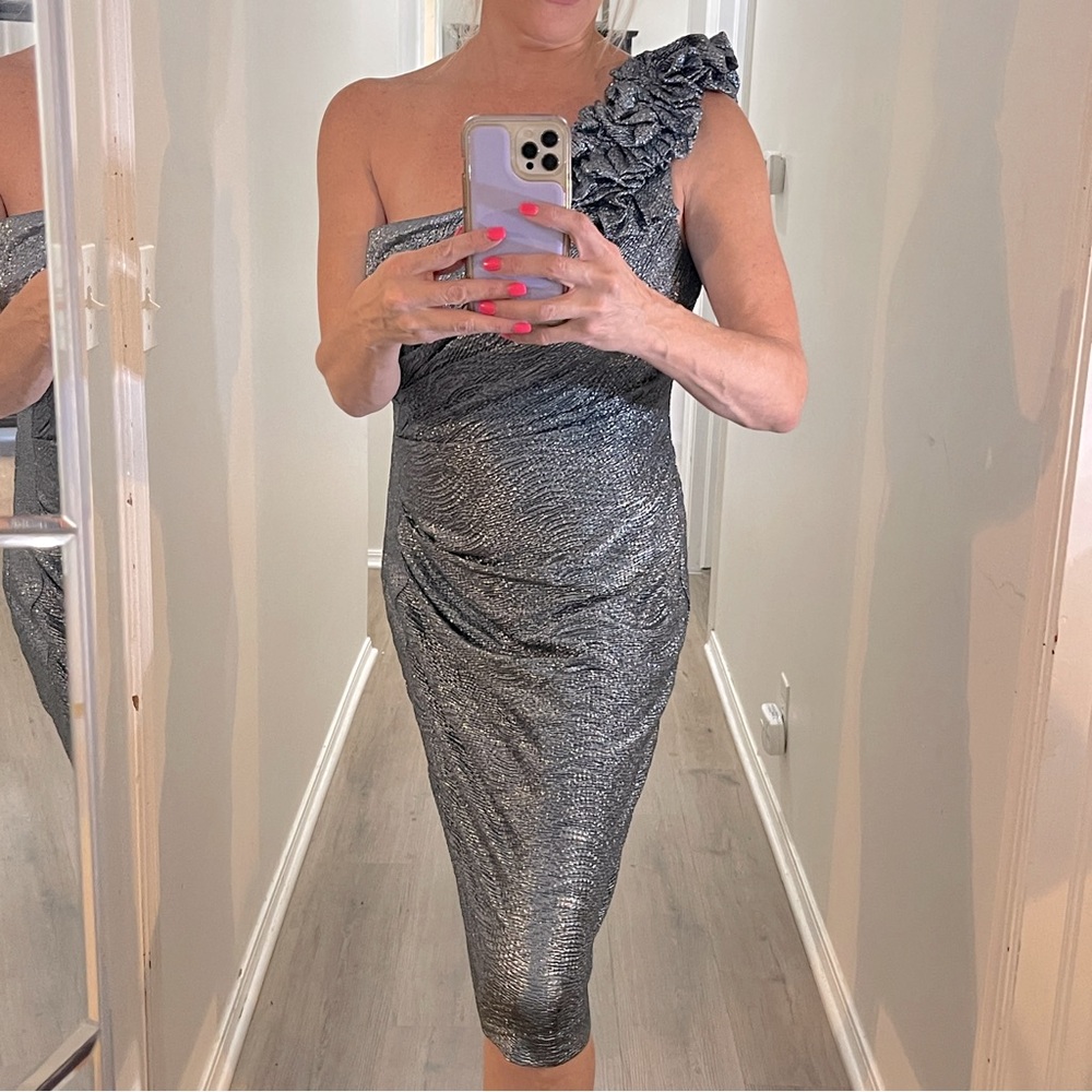 Adrianna Papell one shoulder soft metallic blue silver w off shoulder w ruffle